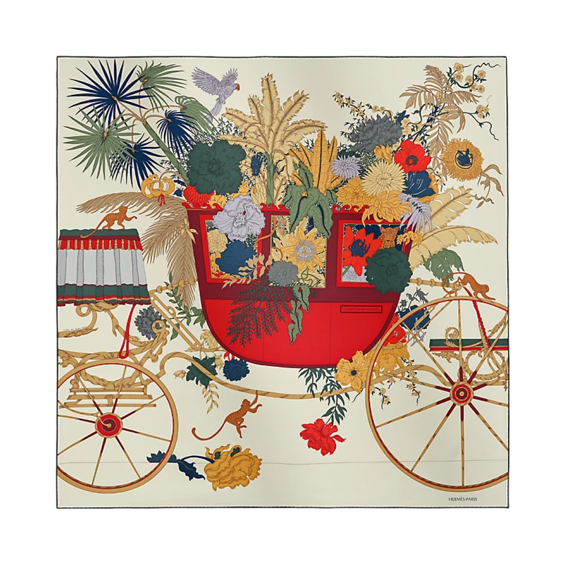 H004368S04 (W) Hermes La Nature En Voyage Scarf 90 Silk & Ivoire Rouge H Vert Loden
