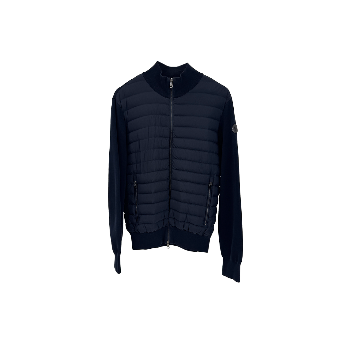 ITB9SSPKAT4E Moncler Men Black Logo Tricot Cotton Knit Padded Cardigan Navy
