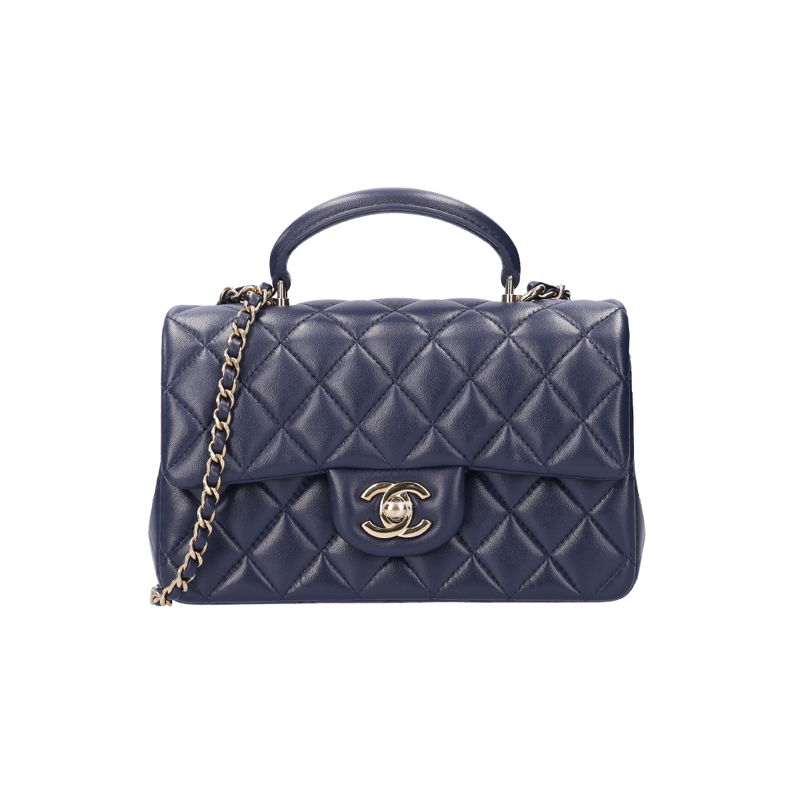 ITVPVLUHD6DQ Chanel Mini Top Handle Flap Bag in Navy Lambskin