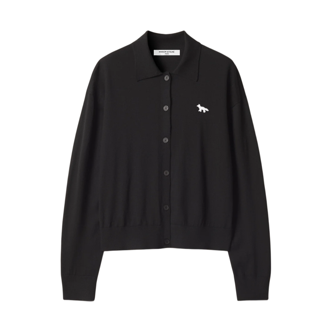 MRWKC03KT1220-P199 (W) Maison Kitsune Profile Fox Merino Relaxed Polo Cardigan Black