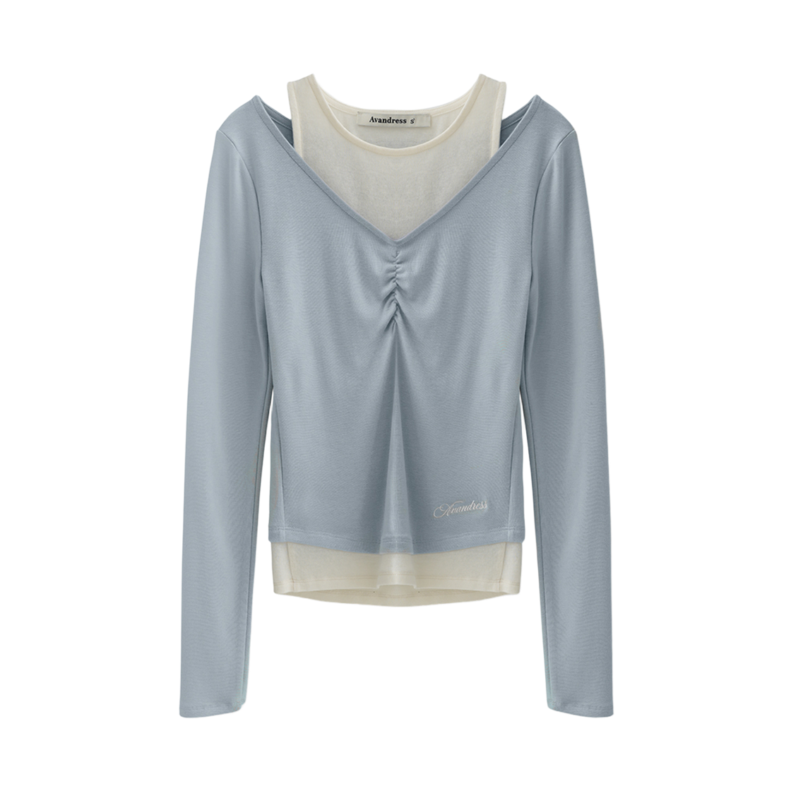 AD63TS06FBL Avandress Poel V-neck Shirring Fake Layered Tee FOG BLUE