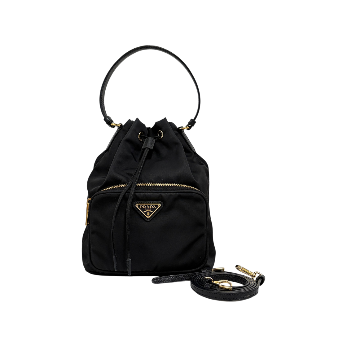 ITIS8PCDUNSH Prada Triangle Logo Nylon Bucket Bag Black