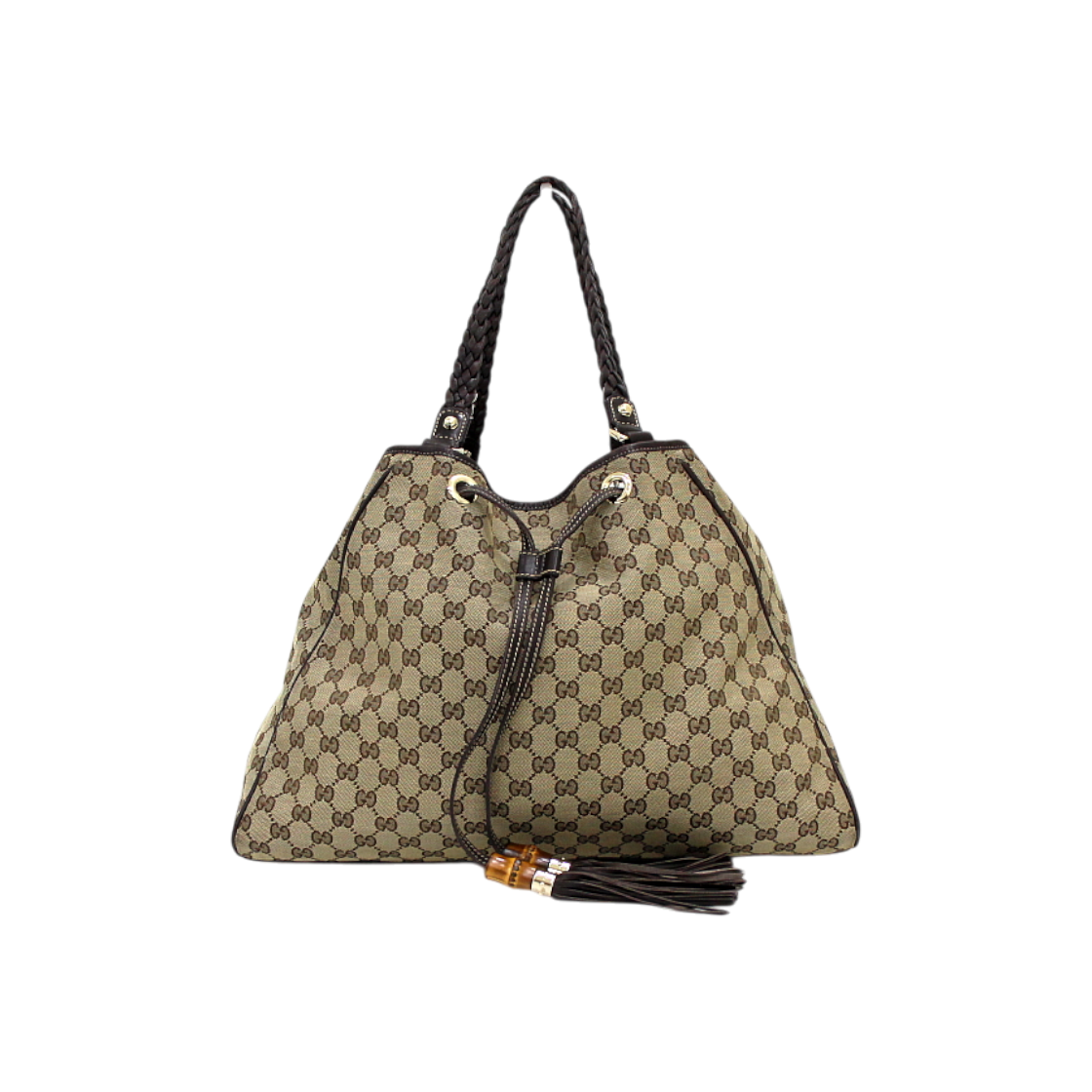 ITTAQ5MFN84D Gucci GG Canvas Brown Leather Trim Weave Tassel Shoulder Bag