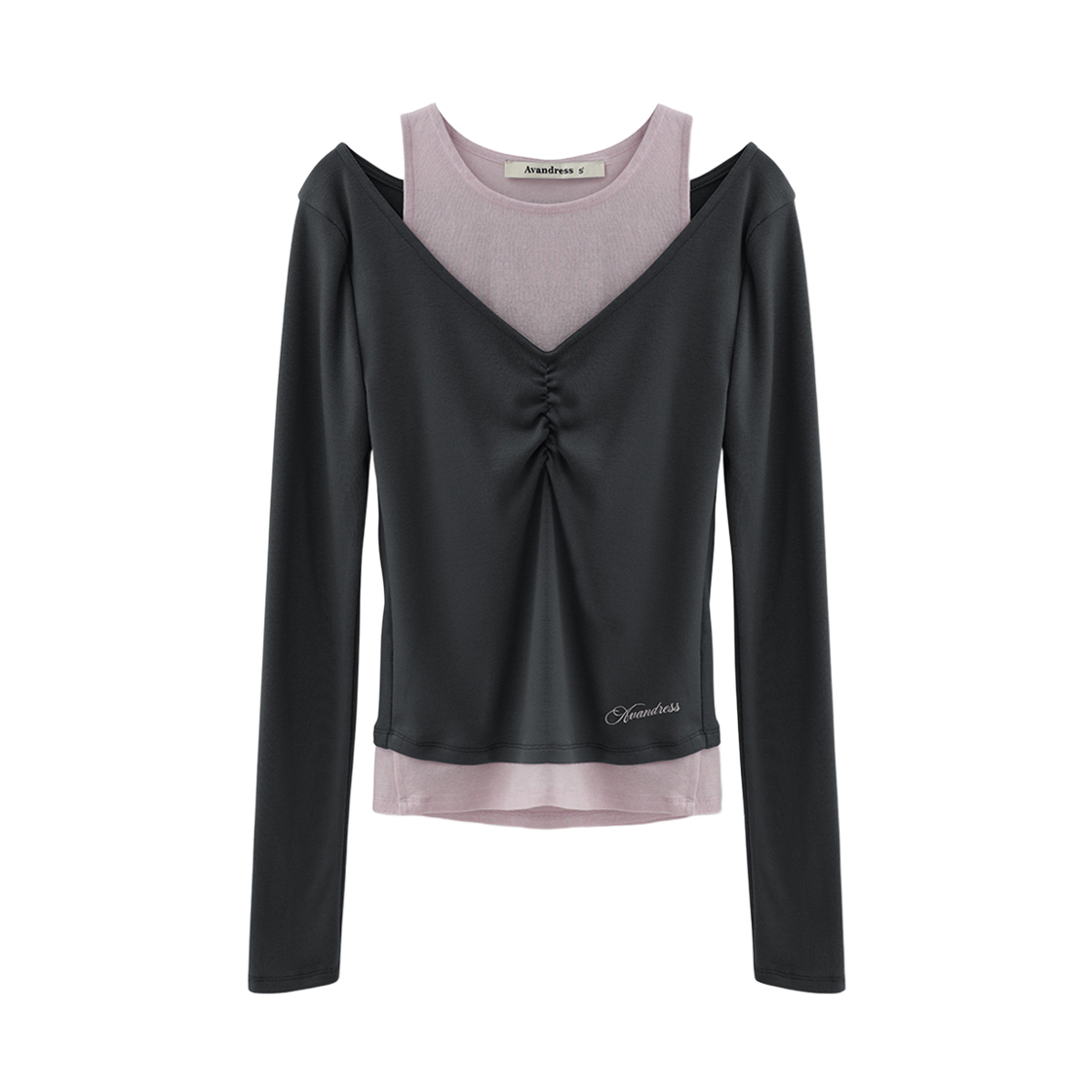 AD63TS06CH Avandress Poel V-neck Shirring Fake Layered Tee CHARCOAL