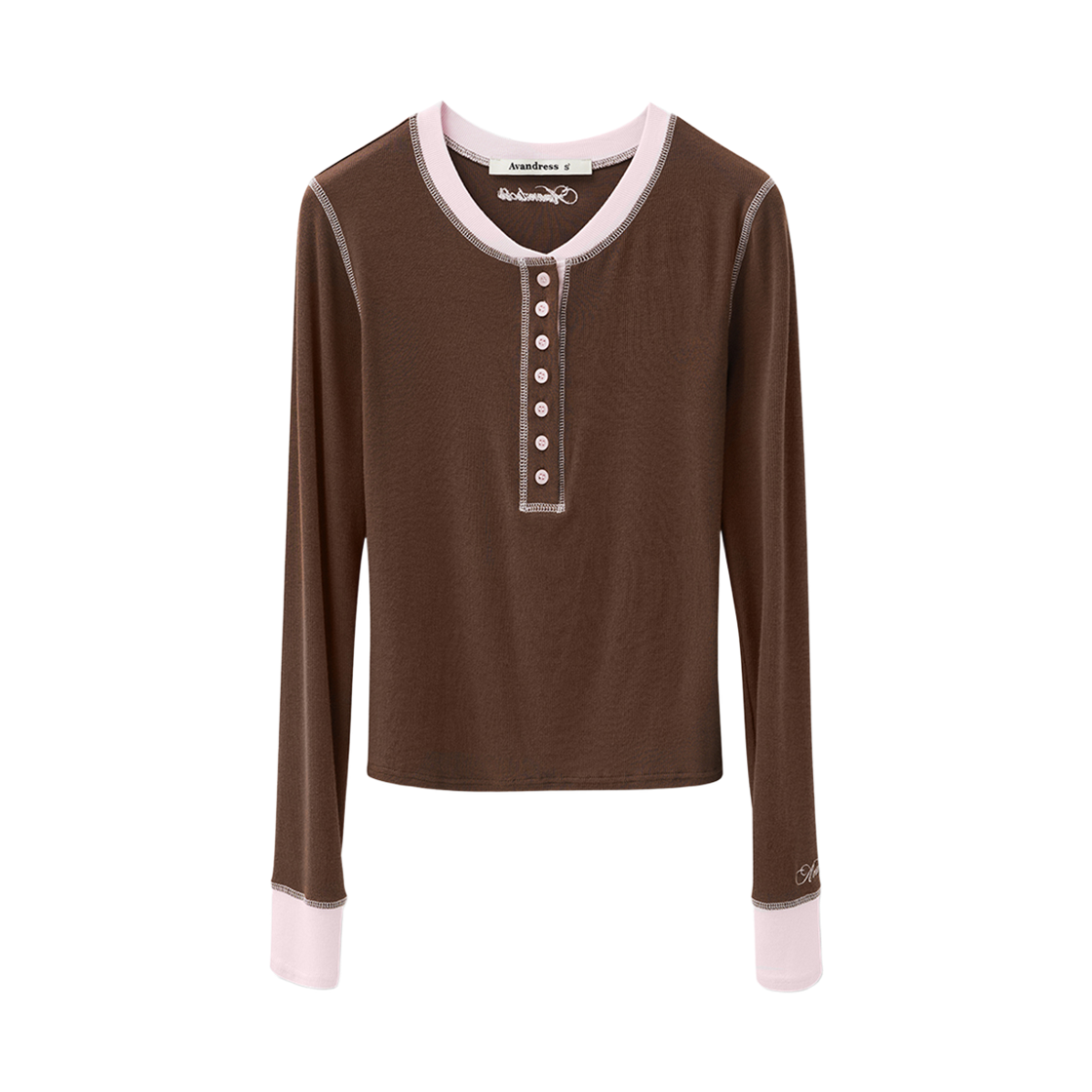 AD61TS14BR Avandress Tilda Cover-Stitch Half Button Tee Brown