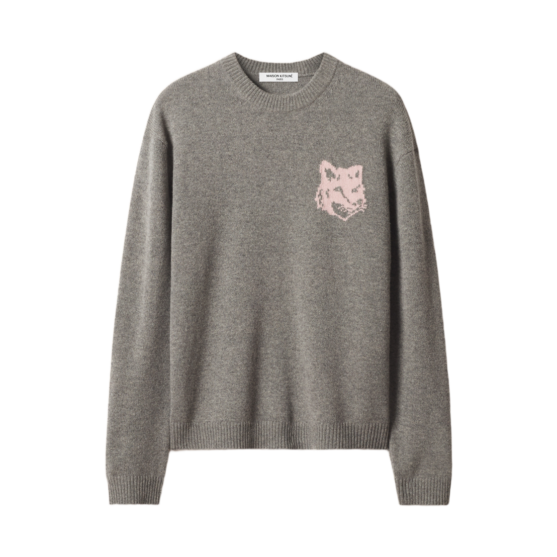 PM00816KM0329-0627 Maison Kitsune Fox Head Intarsia Merino Jumper Mid Grey Melange Mist Pink