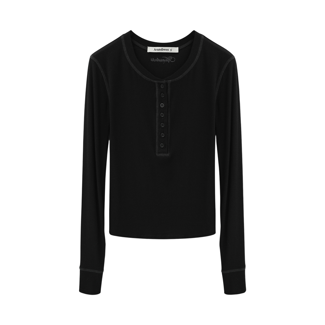 어반드레스 틸다 커버스티치 하프 버튼 티 블랙(Avandress Tilda Cover-Stitch Half Button Tee Black) - 1