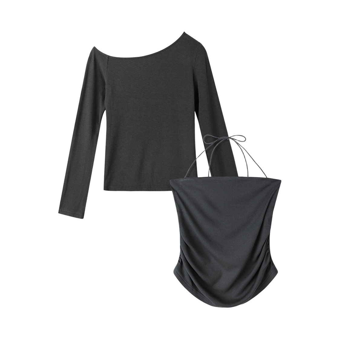 AD61SE0CH Avandress Serena Layered Set One Off-Shoulder Top Charcoal