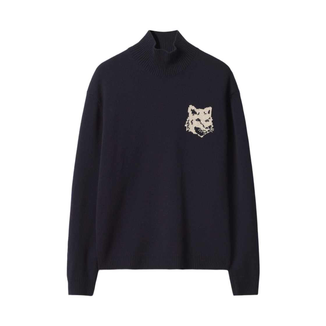 NM00807KM0329-0630 Maison Kitsune Fox Head Intarsia Merino High Neck Jumper Navy Light Grey Melange