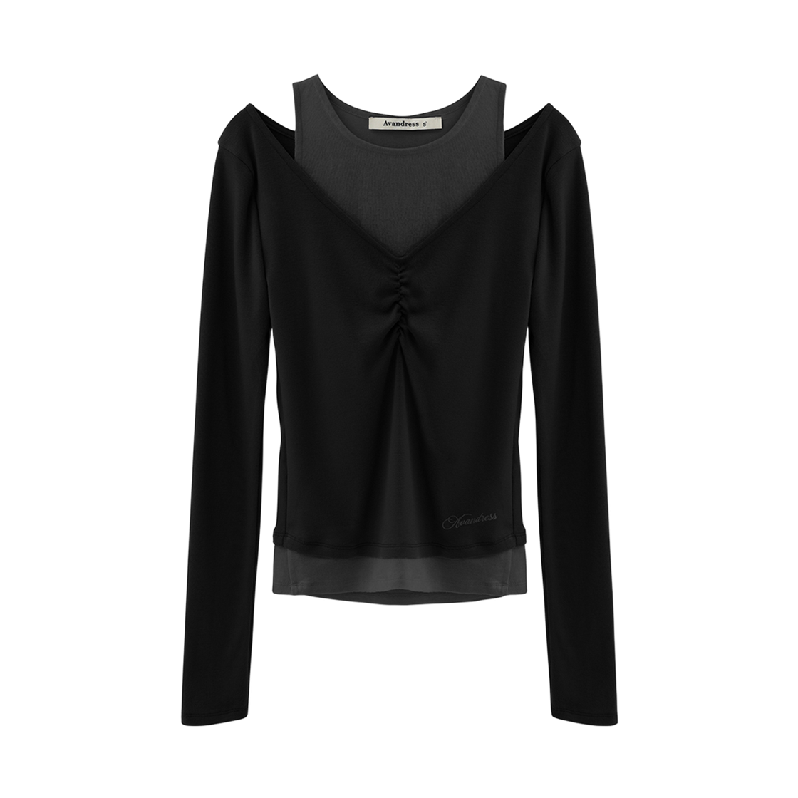 AD63TS06BK Avandress Poel V-neck Shirring Fake Layered Tee BLACK