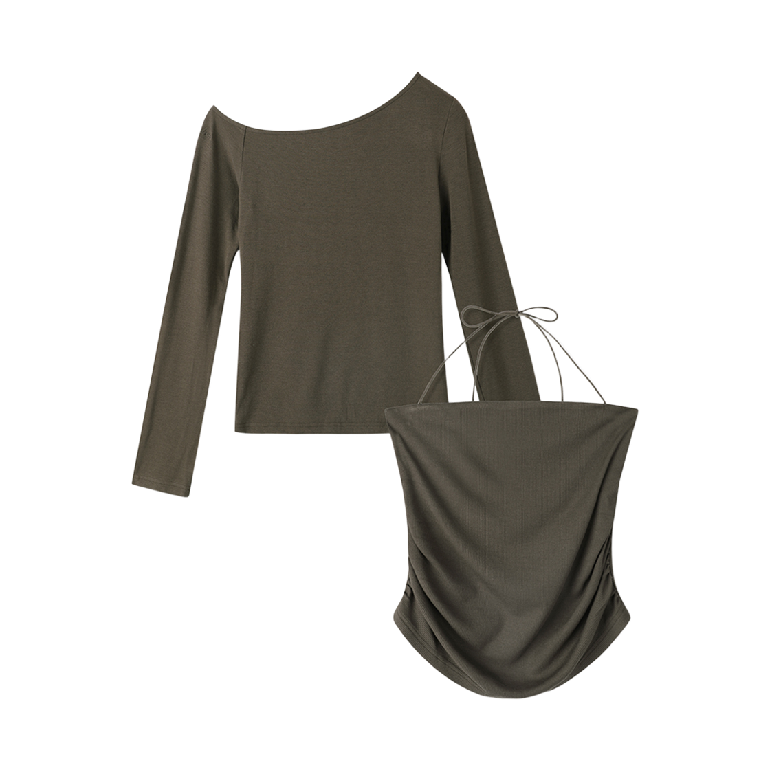 AD61SE0KH Avandress Serena Layered Set One Off-Shoulder Top Khaki