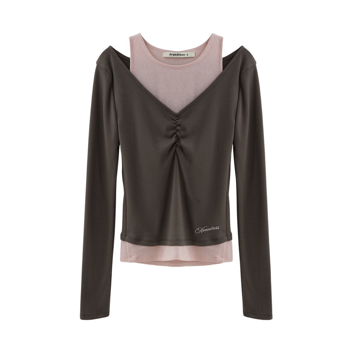 AD63TS06BR Avandress Poel V-neck Shirring Fake Layered Tee BROWN