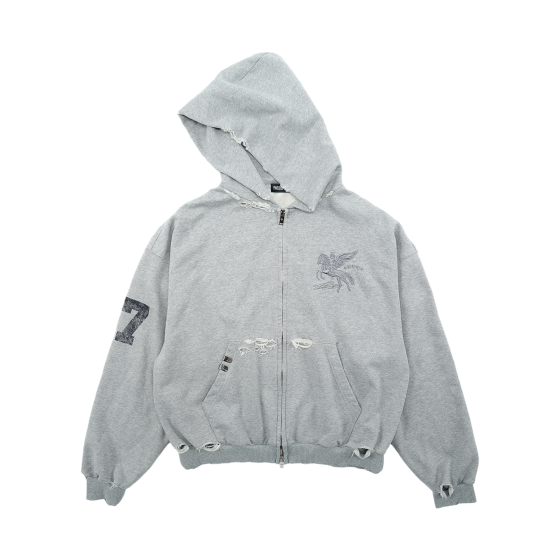 파코서플라이 디스트로이드 폴링 엔젤 집업 후디 그레이(PACOSPLY Destroyed Falling Angel Zip Up Hoodie Grey)