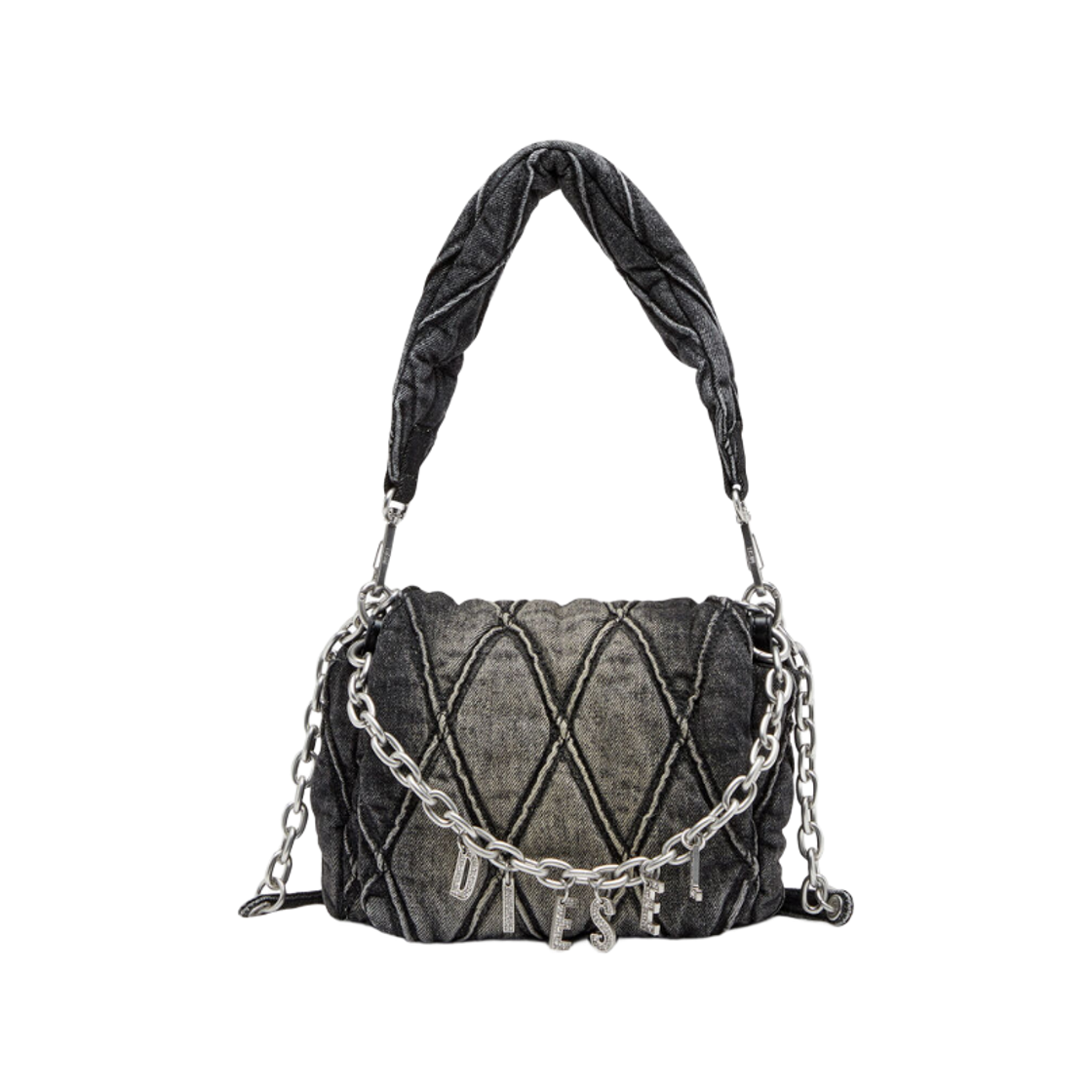 X09597P6330-T8013 Diesel Charm-D Small Shoulder Bag in Treated Quilted Denim Black