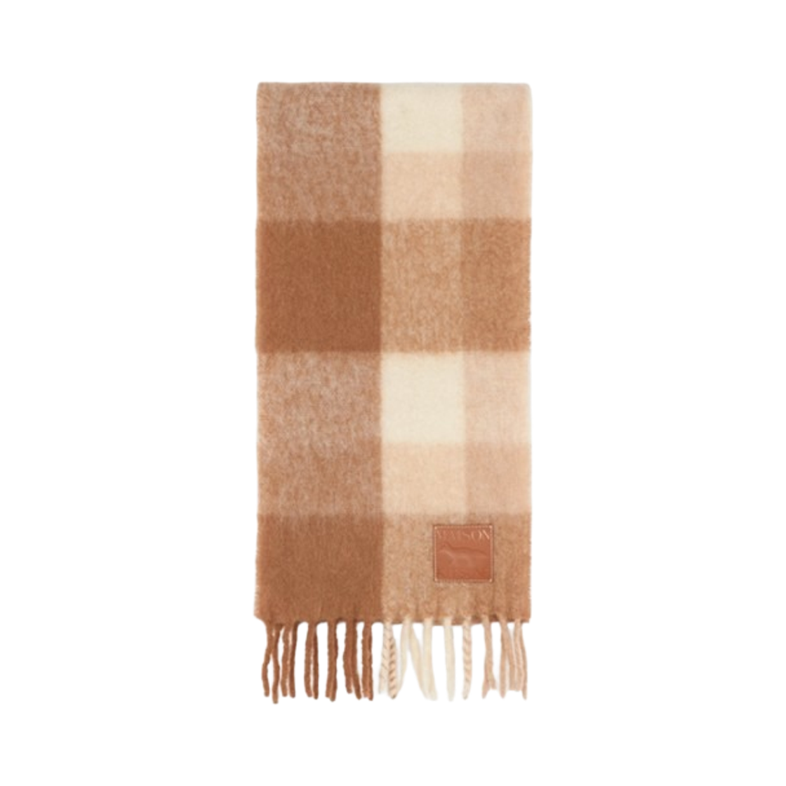 JU06242WA0007-C221 Maison Kitsune Check Fringe Logo Patch Muffler Ecru Beige