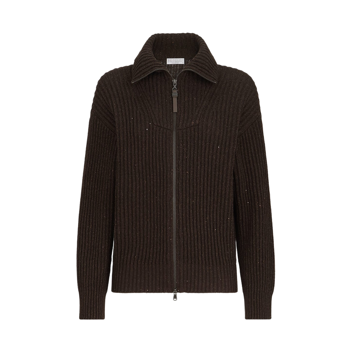 MBM753506-C9792 (W) Brunello Cucinelli Sparkling Dazzling Cashmere Ribbed Cardigan Coffee