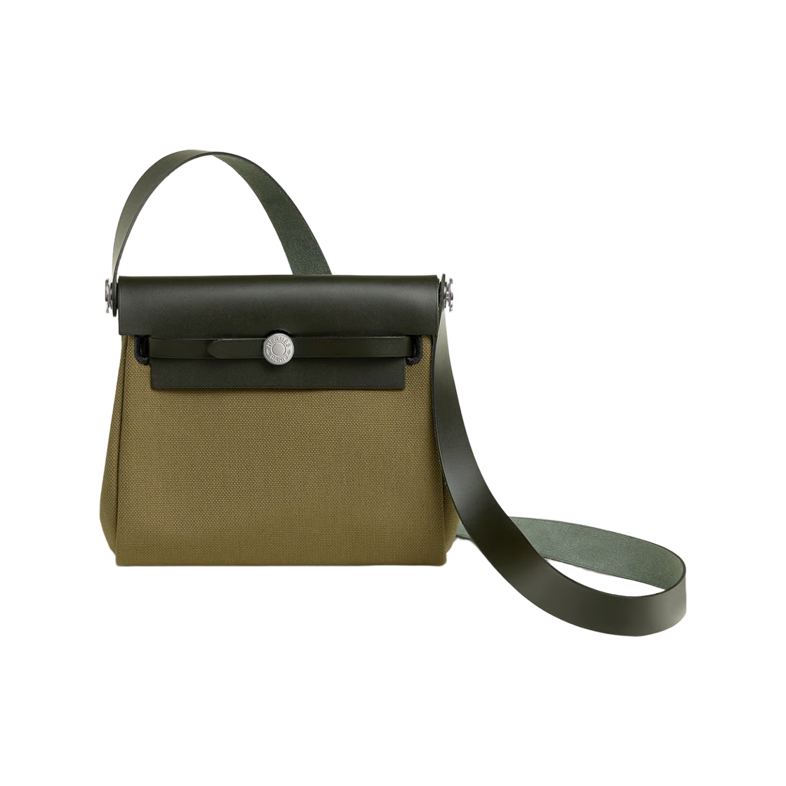 H086430CKAR Hermes Herbag Zip 20 Bag Military Canvas Hunter Cowhide & Palladium Vert Olive Kaki