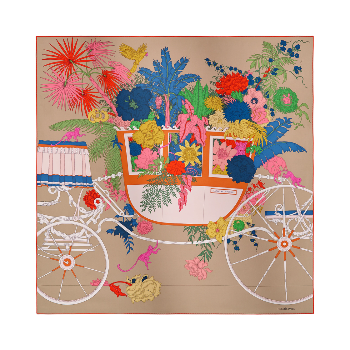 H004368S03 (W) Hermes La Nature En Voyage Scarf 90 Silk & Kraft Rose Bleu