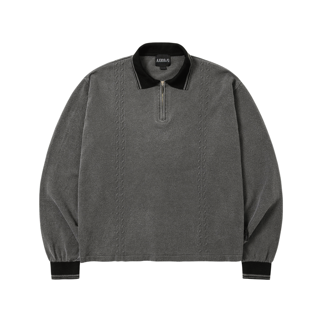 아조바이아조 리워크 워시드 케이블 스티치 칼라 집업 차콜(AJOBYAJO RWK Washed Cable Stitch Collar Zip-Up Charcoal)