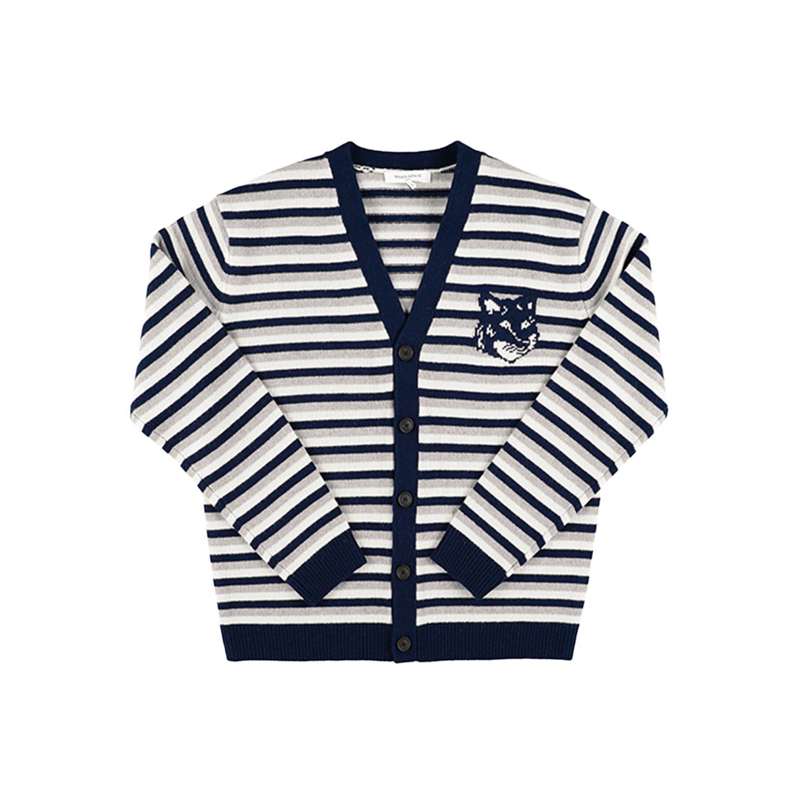 NM00504KM0329 B481 [25% 쿠폰] Maison Kitsune Fox Head Intarsia Striped Comfort Cardigan Navy White