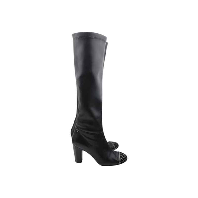 ITVAQR9MJHOF Chanel Black Chain Cap Toe Knee Boots
