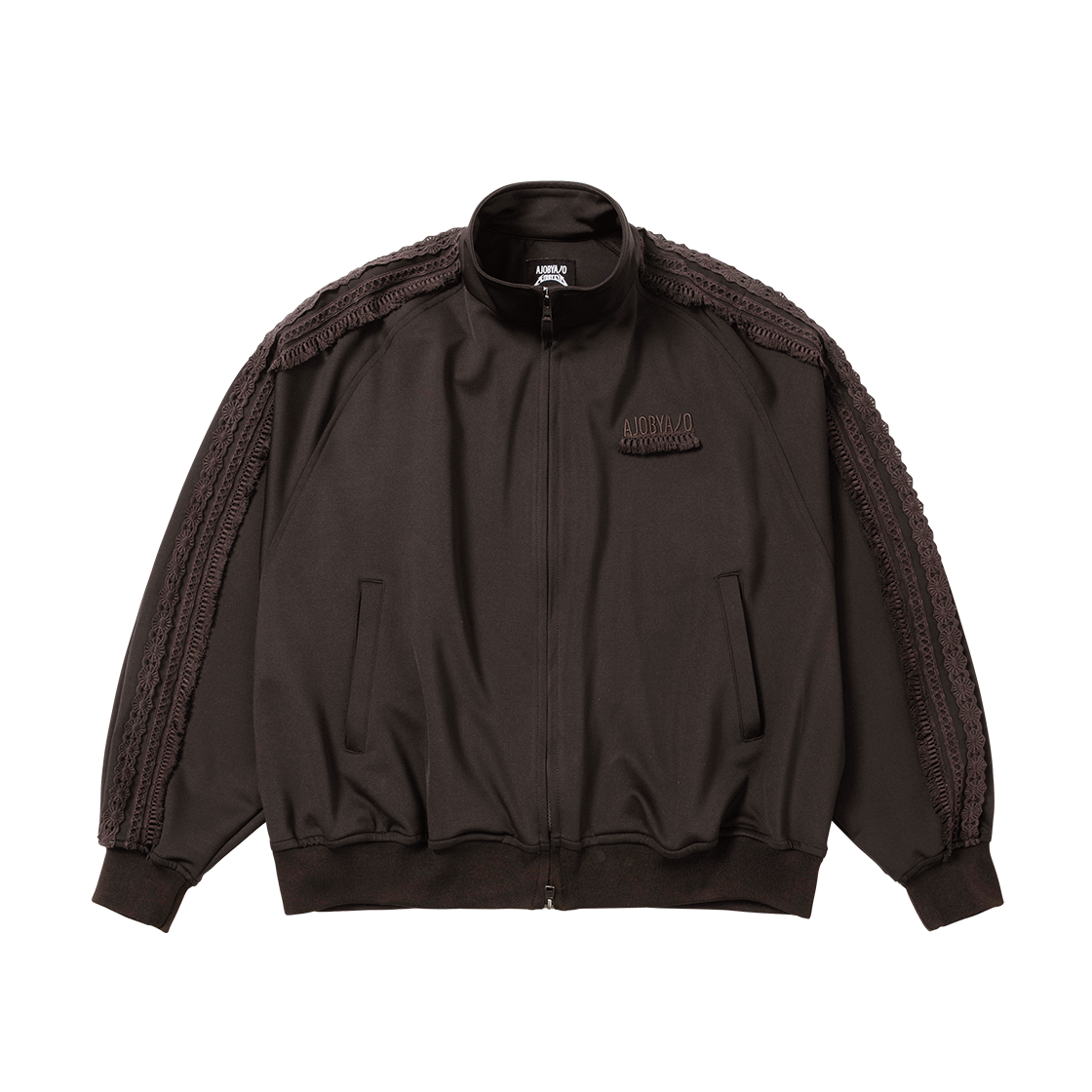 아조바이아조 멀티 레이스 트림 래글런 트랙 자켓 다크 브라운(AJOBYAJO Multi Lace Trim Raglan Track Jacket Dark Brown)