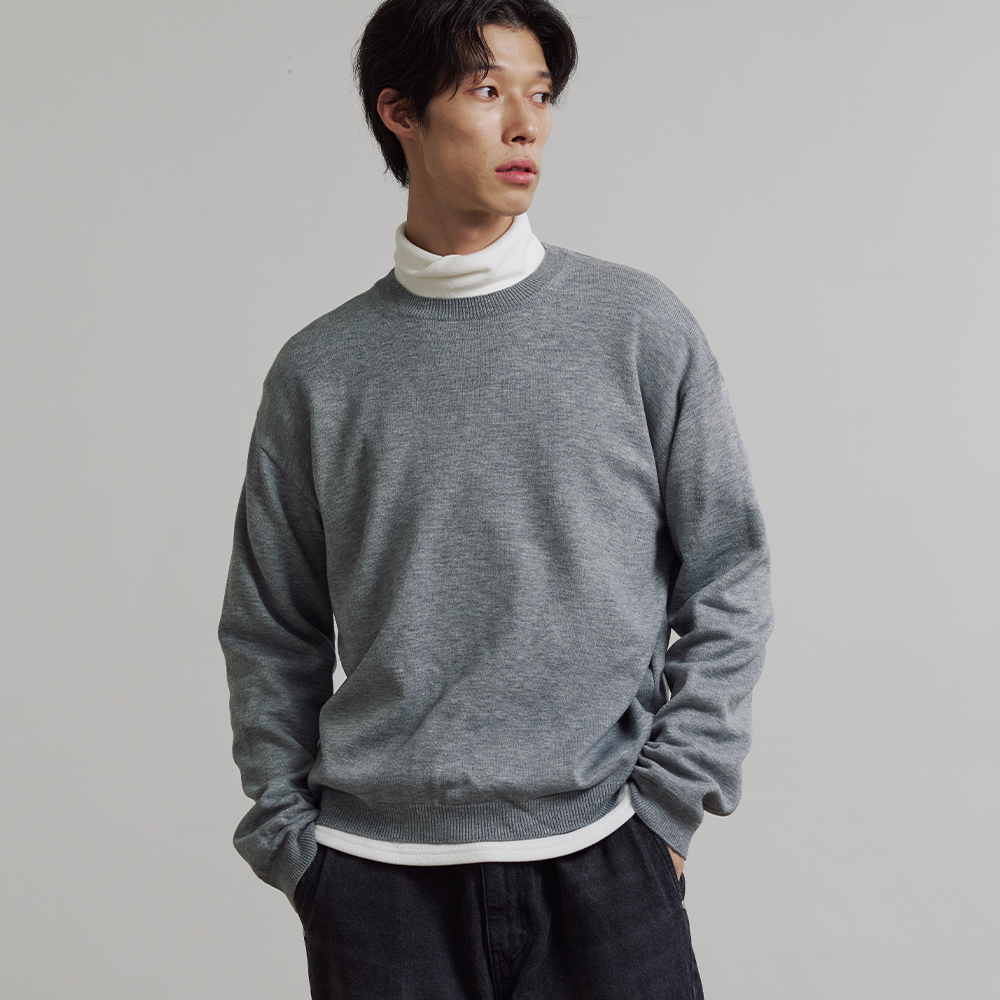 니티드 베이직 에센셜 크롭 라운드 니트 멜란지 그레이(Knitted Basic Essential Crop Round Knit Melange Grey) - 2