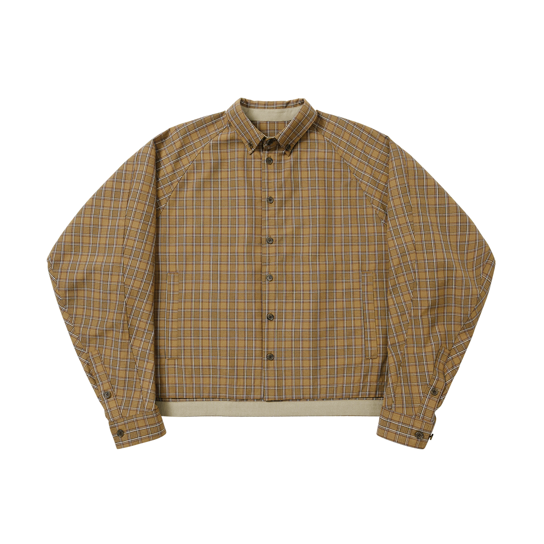 아조바이아조 크롭 스컬프티드 래글런 체크 셔츠 카멜(AJOBYAJO Cropped Sculpted Raglan Check Shirt Camel)