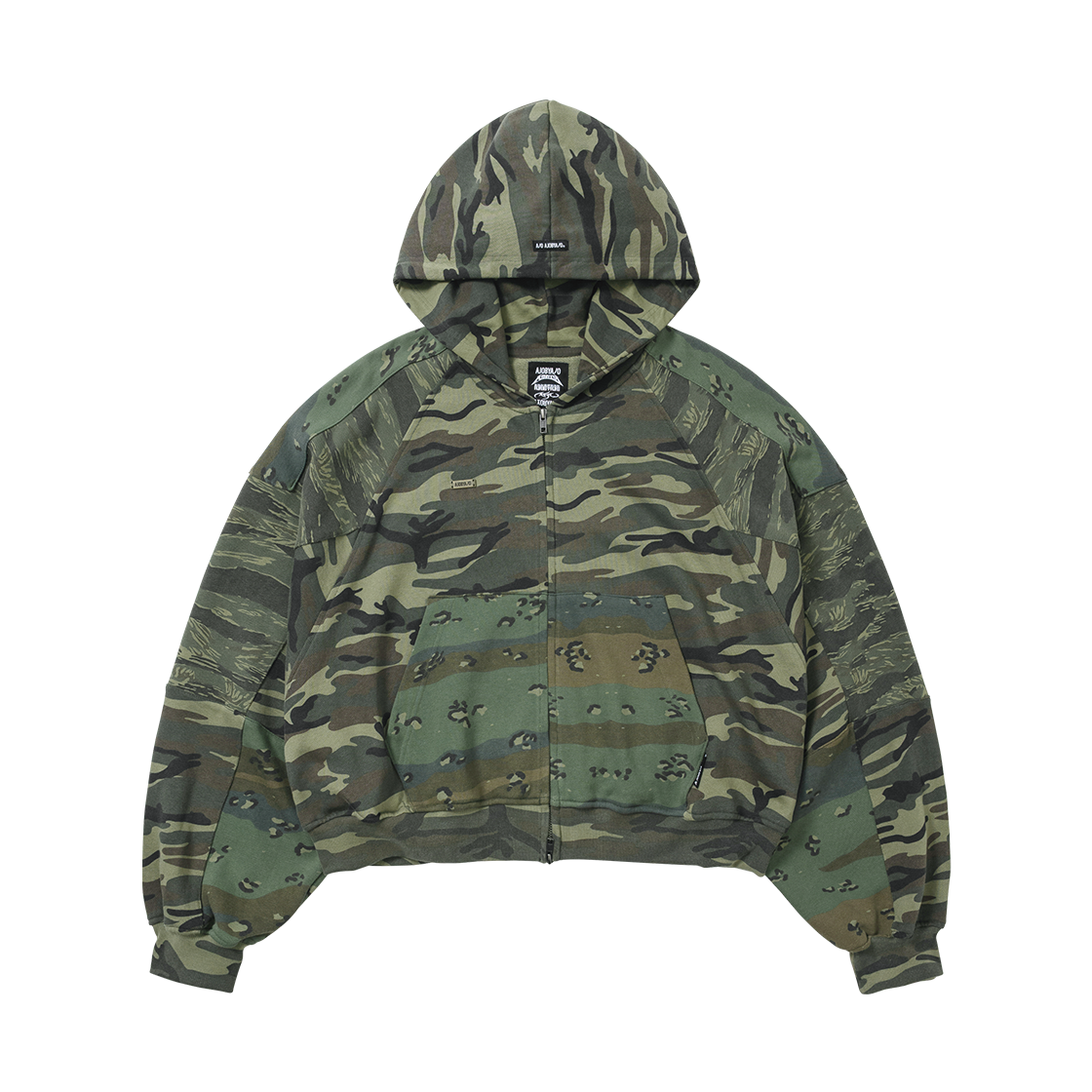 아조바이아조 크롭 믹스드 카모 집업 후디 카키(AJOBYAJO Cropped Mixed Camo Zip-Up Hoodie Khaki)