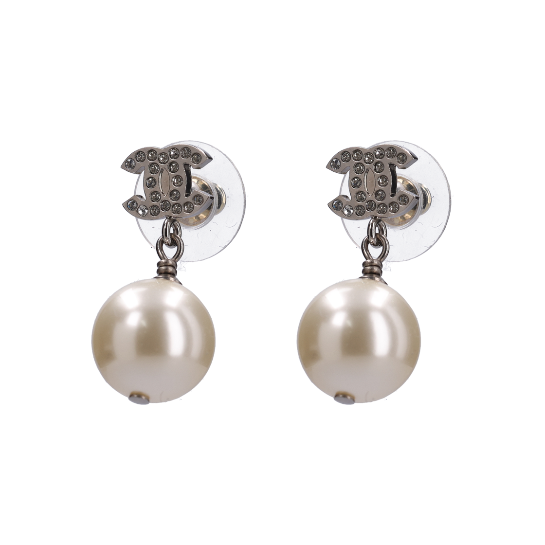 ITU2BTRW6E84 Chanel CC Crystal Pearl Drop Earrings in Silver Metal