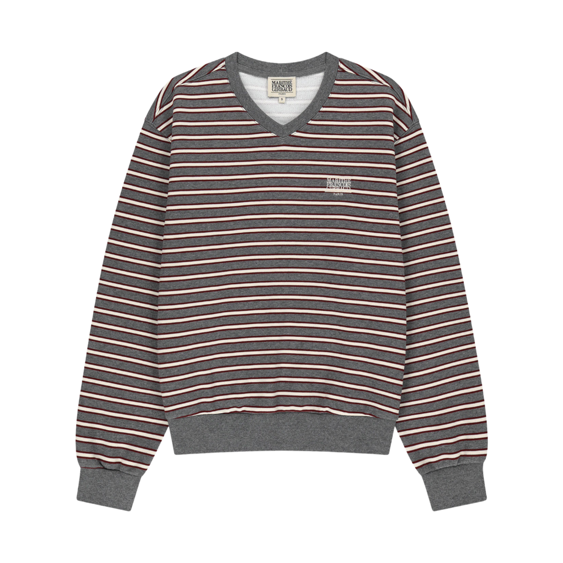 (W) 마리떼 프랑소와 저버 스몰 클래식 로고 브이넥 벌룬 스웨트셔츠 스트라이프((W) Marithe Francois Girbaud Small Classic Logo V-Neck Balloon Sweatshirt Stripe)