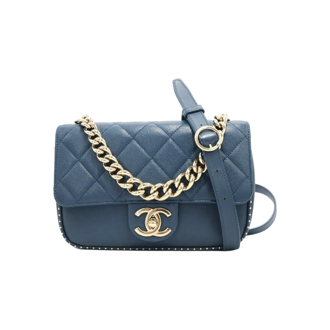 ITIVPGS89GOP Chanel Blue Caviar CC Logo Gold Studded Shoulder Bag