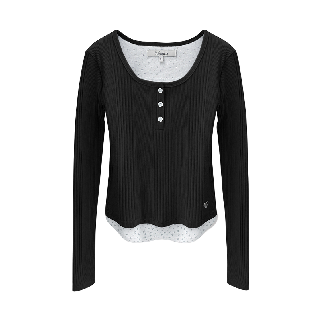 VV61TS04BK VIVACIOUS Murielle Flower Punching Layered Short Sleeve Tee BLACK