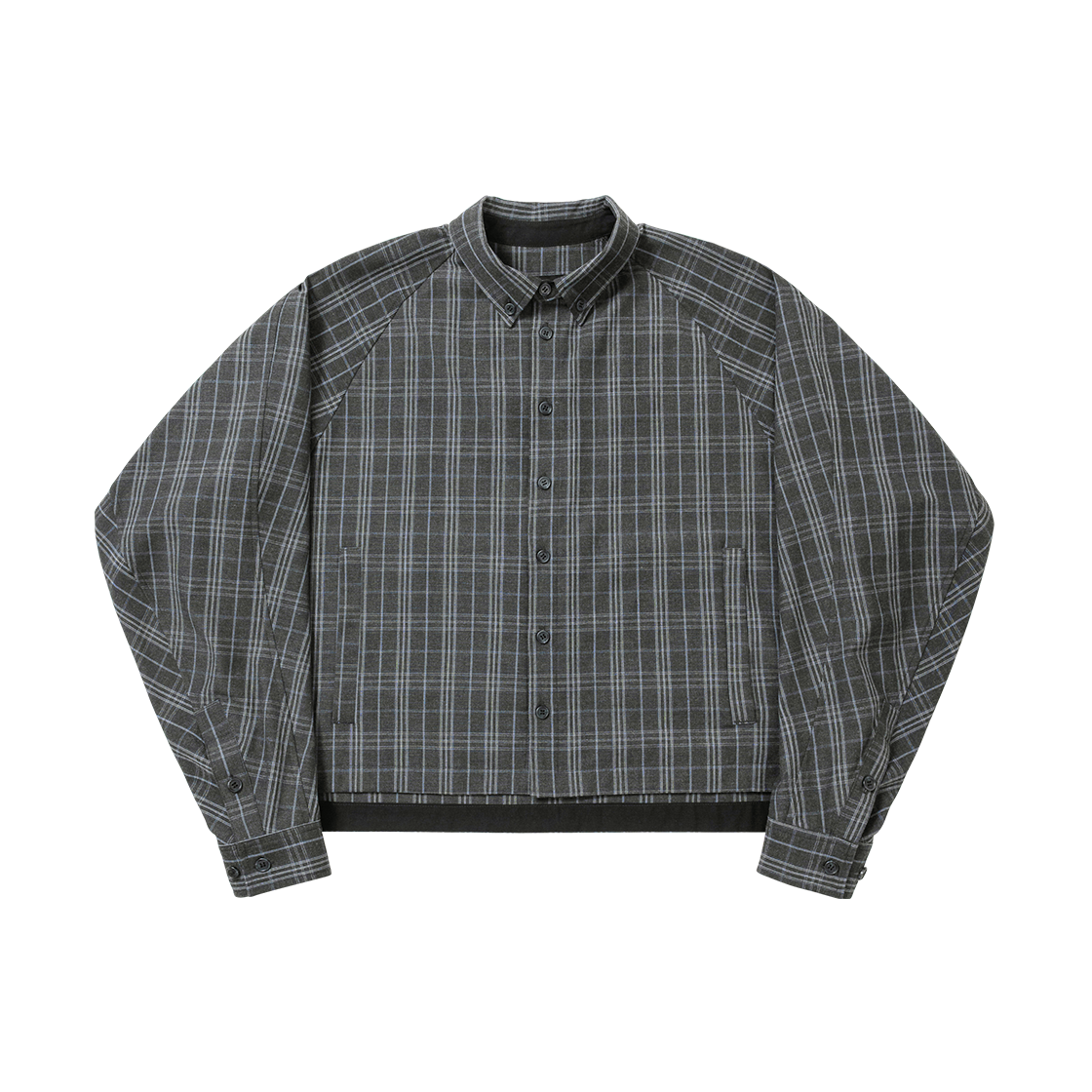 아조바이아조 크롭 스컬프티드 래글런 체크 셔츠 차콜(AJOBYAJO Cropped Sculpted Raglan Check Shirt Charcoal)