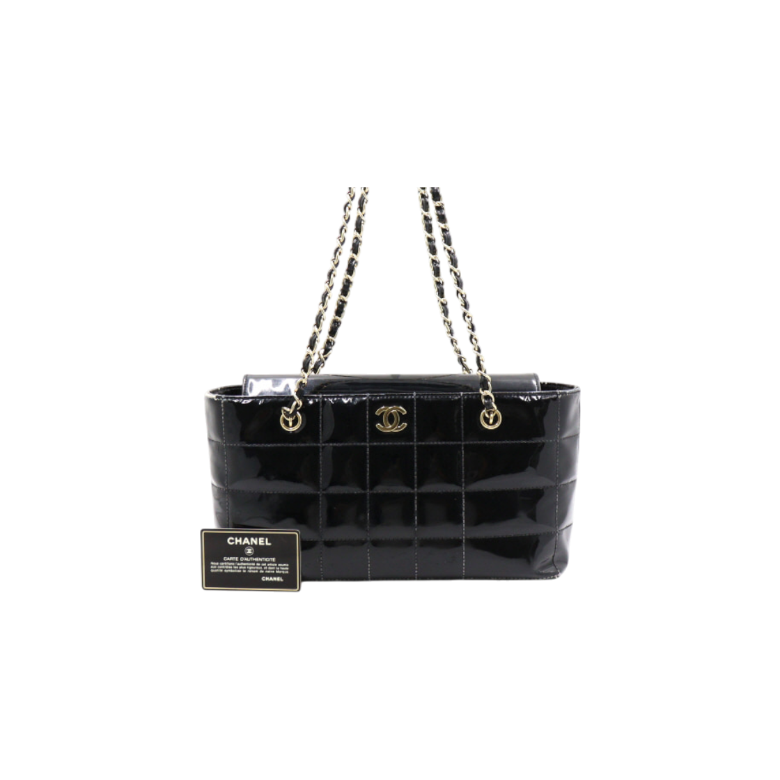 ITLTNFRKAARO Chanel Black Patent Vintage Chocolate Bar Flap Bag