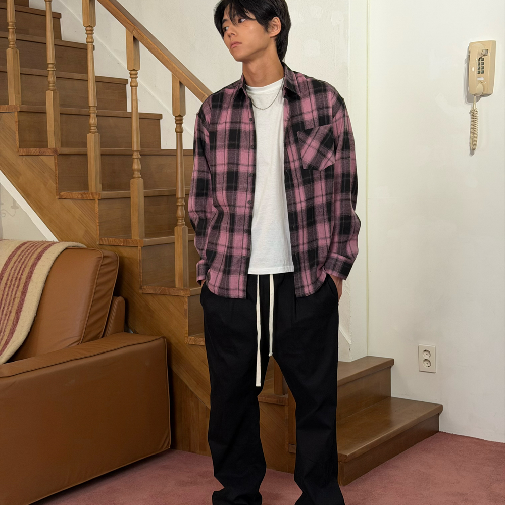 아모우 코어 플란넬 셔츠 핑크(AMOU Core Flannel Shirts Pink) - 5