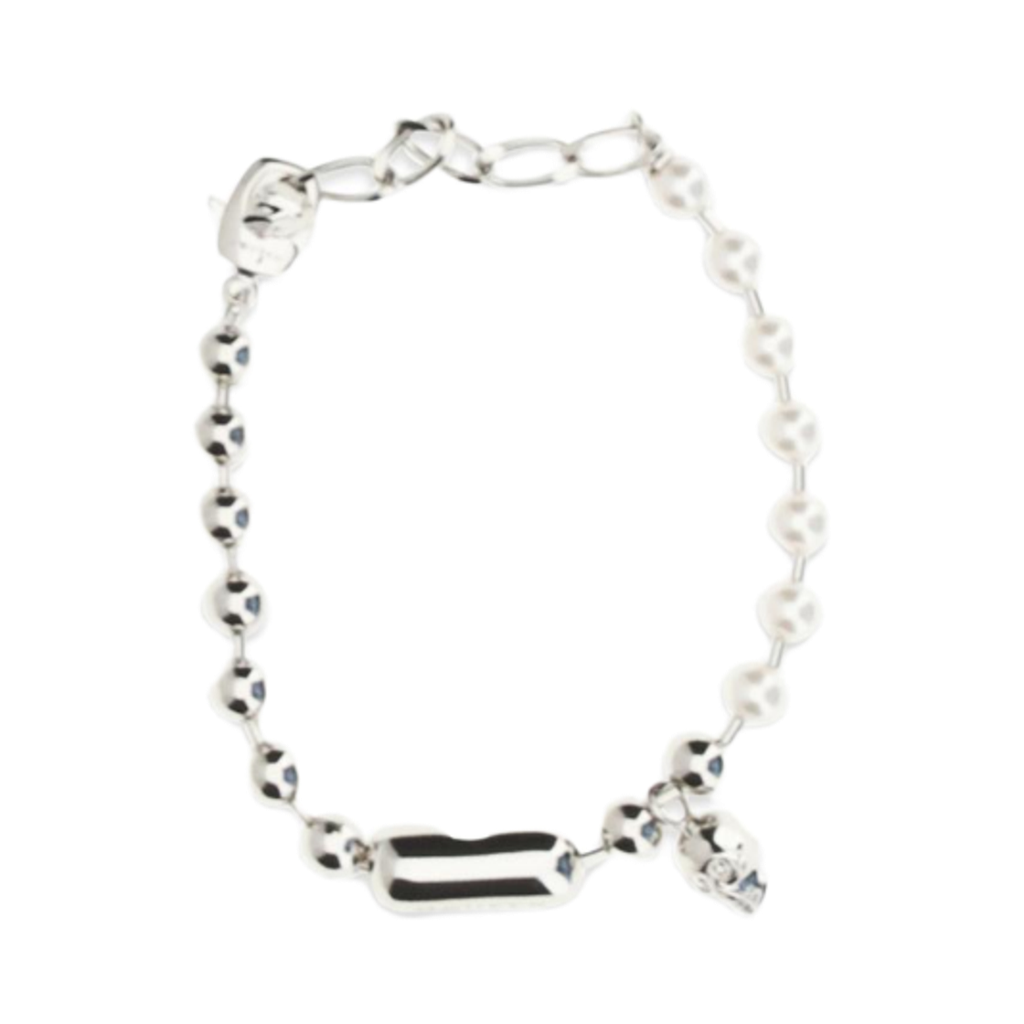 854547J161B1026 Alexander McQueen Skull Pearl Bracelet Palladium