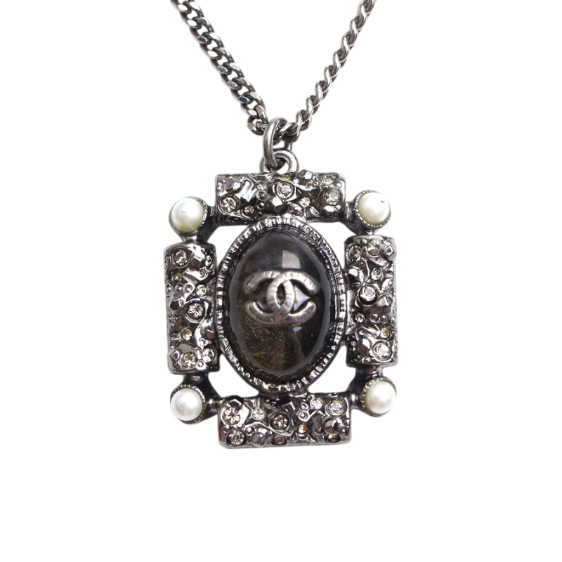 ITO8BOMJJ8SJ Chanel Black Oval Pearl Crystal Steel Necklace