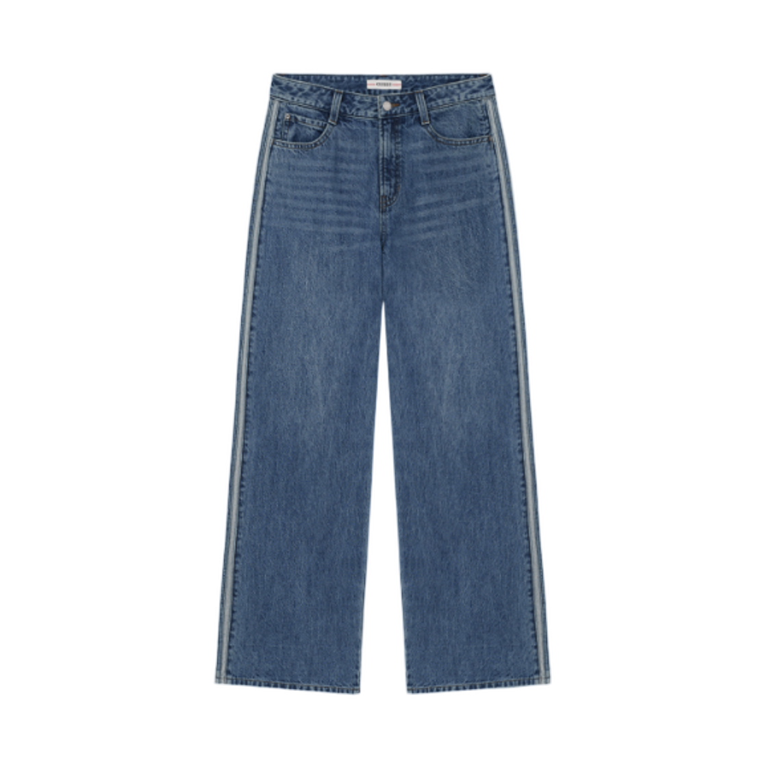 (W) 게스 아웃심 라인 포인트 와이드 데님 미디엄 블루((W) GUESS Contrast Outseam Wide Leg Jeans Medium Blue)