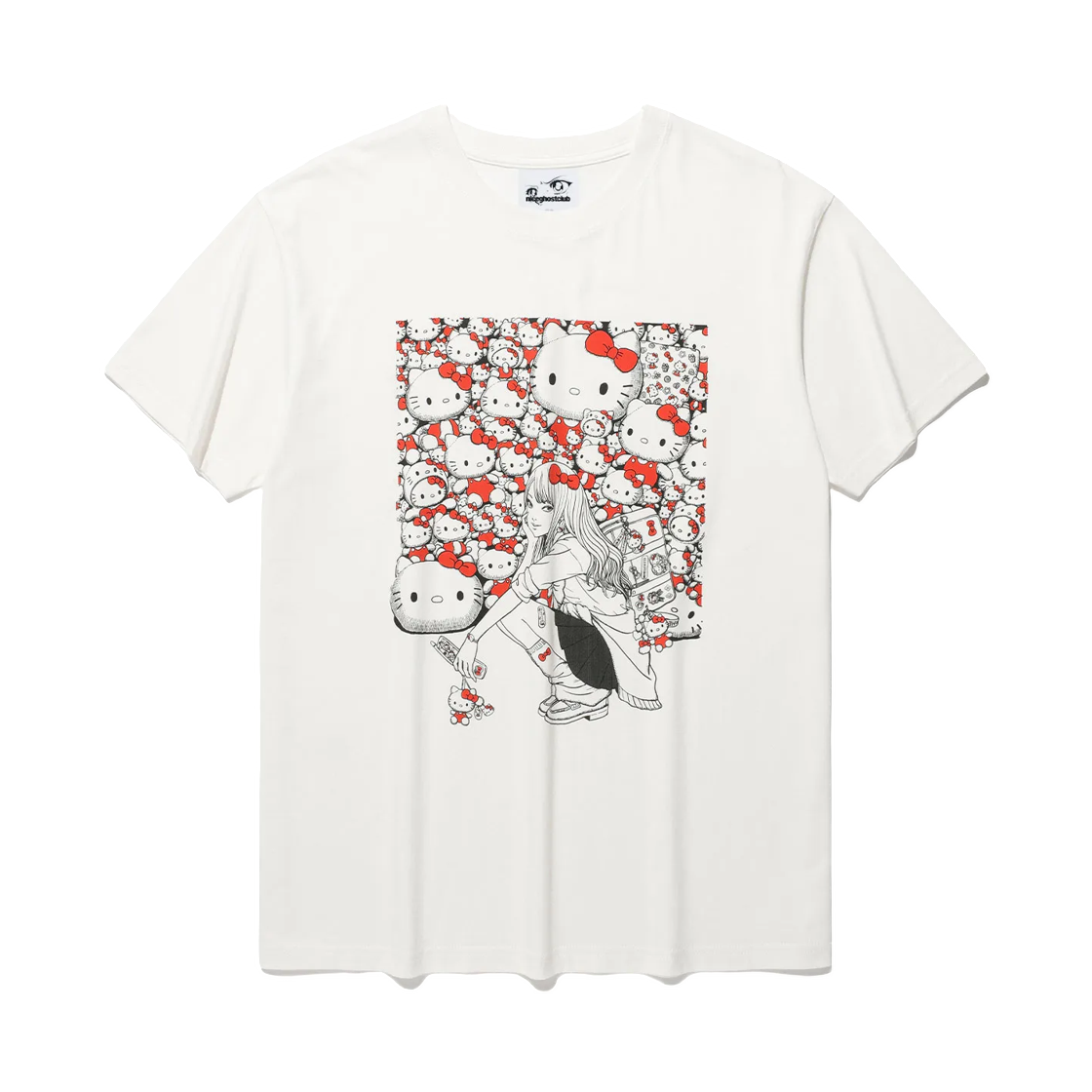 나이스고스트클럽 x 이토 준지 x 산리오 토미에 헬로 키티 티셔츠 화이트(Niceghostclub x Junji Ito x Sanrio Tomie Hello Kitty T-Shirt White)