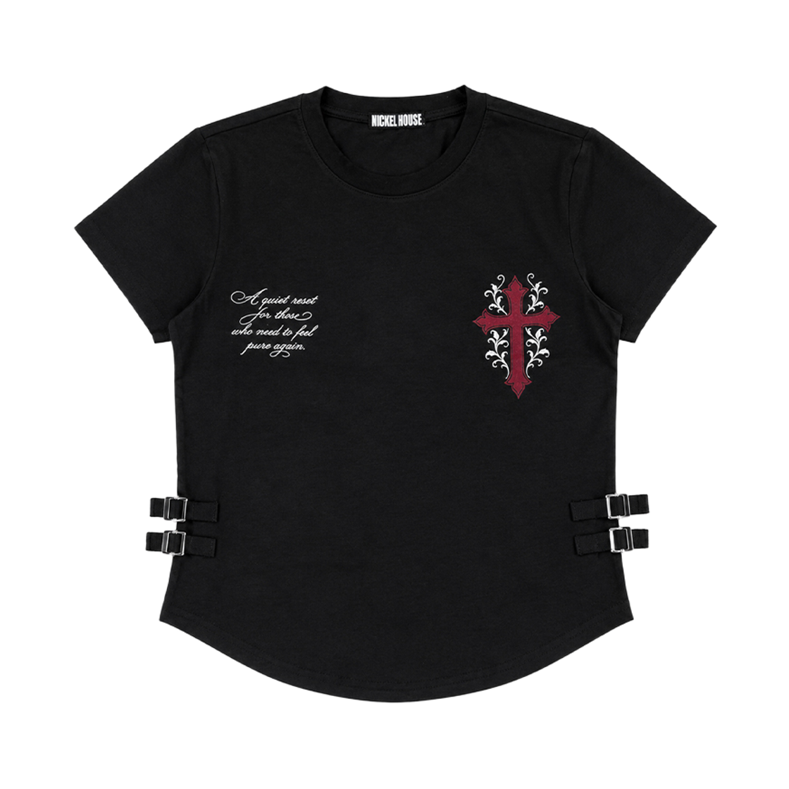 NKHCF001 NICKEL HOUSE 26 CROSS FLORAL CROP TEE BLACK
