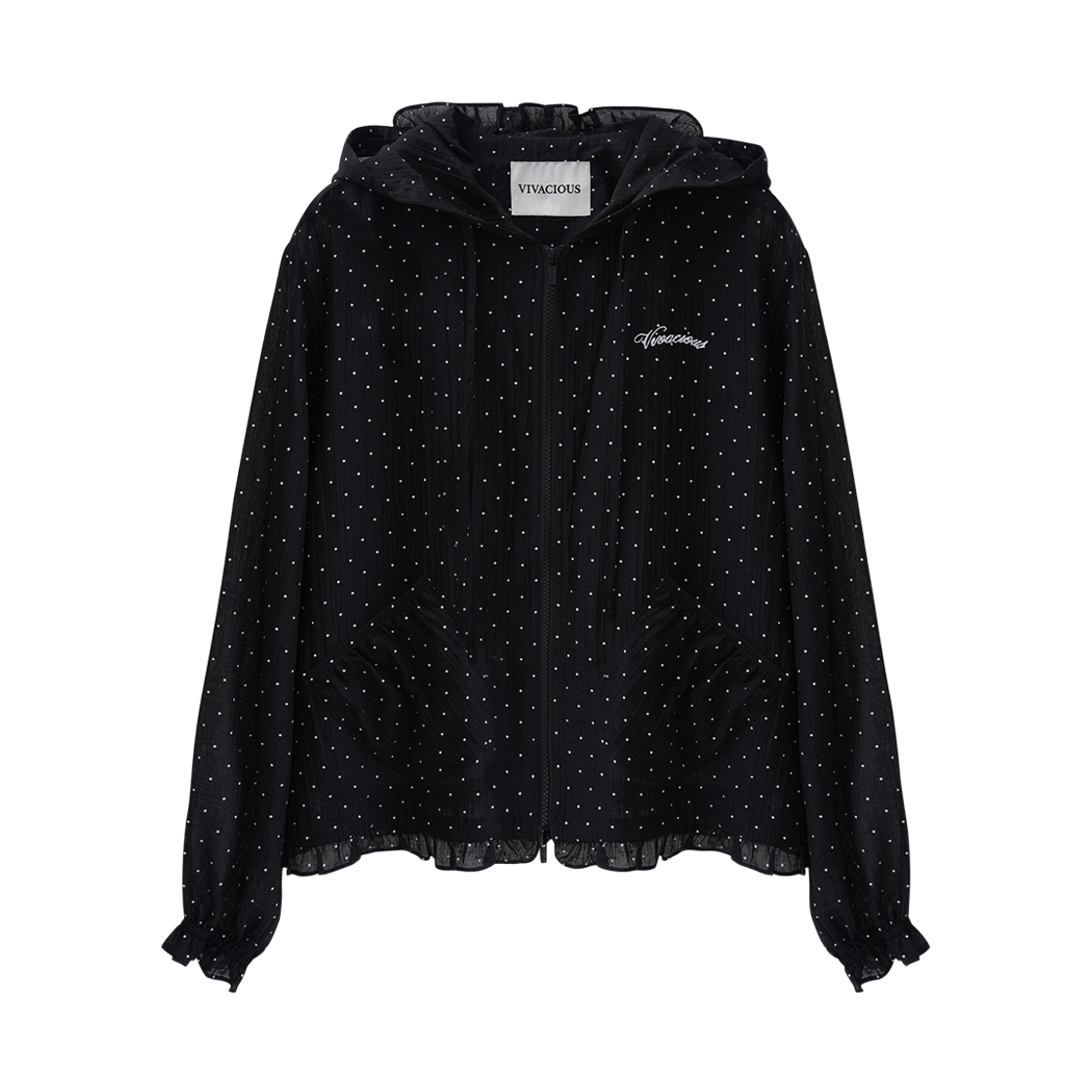 비바셔스 퓨르 도트 프릴 후드 집업 블랙(VIVACIOUS Pur Dot Frill Hoody Zip-up BLACK)
