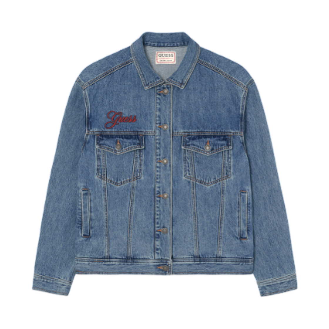 (W) 게스 하트 트라이앵글 로고 데님 재킷 미디엄 블루((W) GUESS Heart Triangle Logo Denim Jacket Medium Blue)