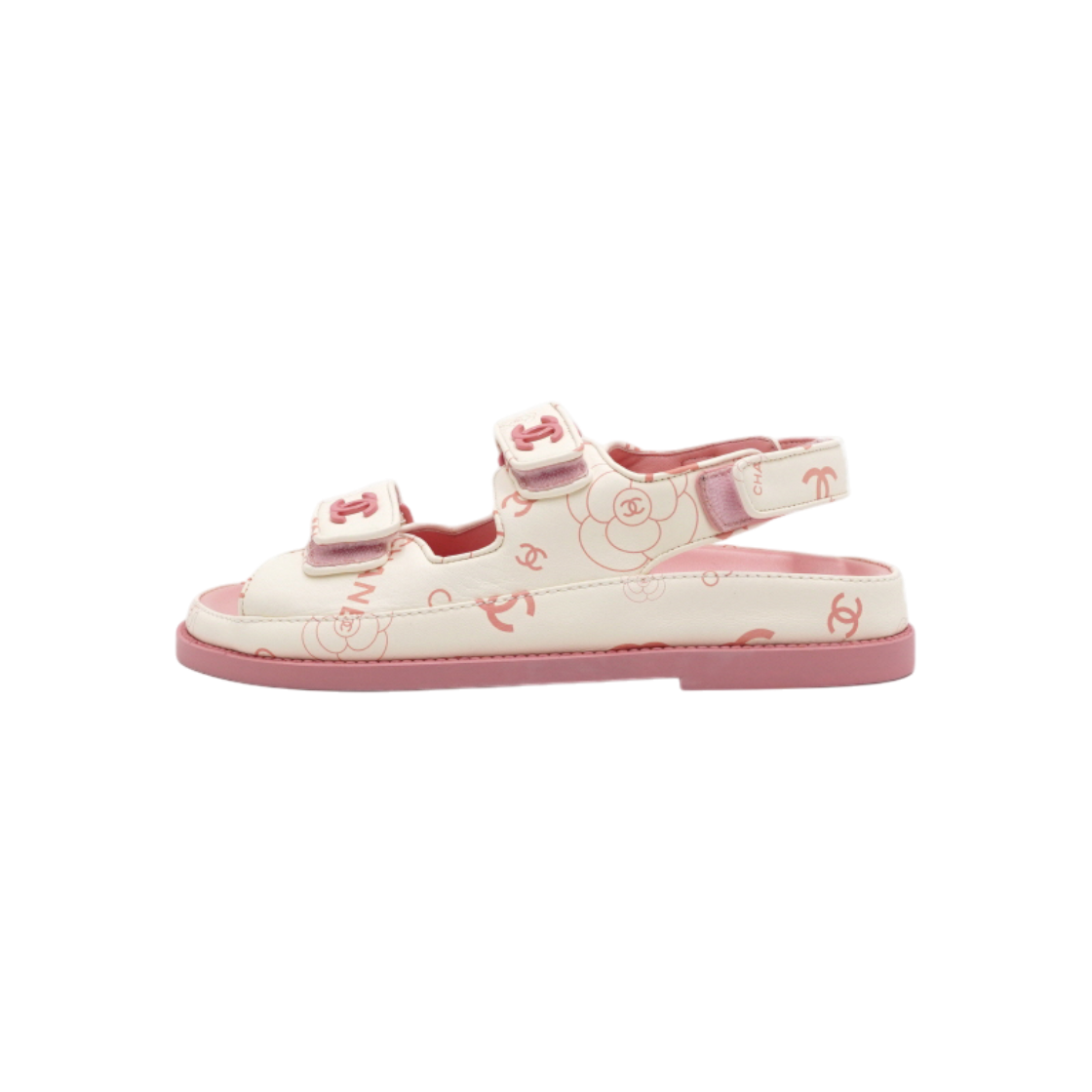 ITKH694UE626 Chanel White Pink Camellia Leather CC Velcro Sandals