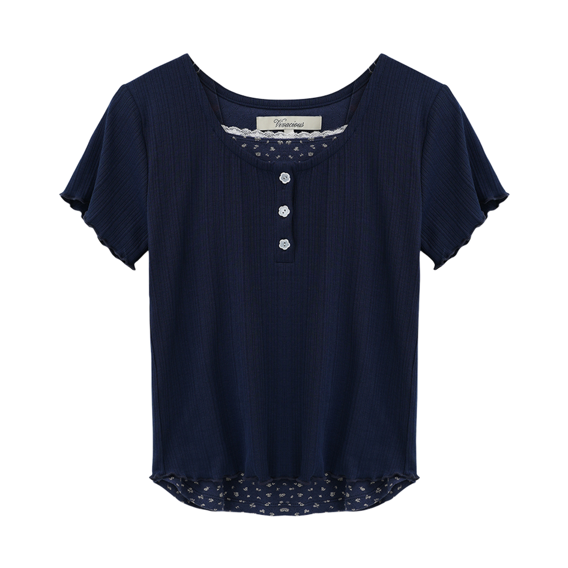VV62TS10NV VIVACIOUS Murielle Flower Punching Layered Short Sleeve Tee NAVY