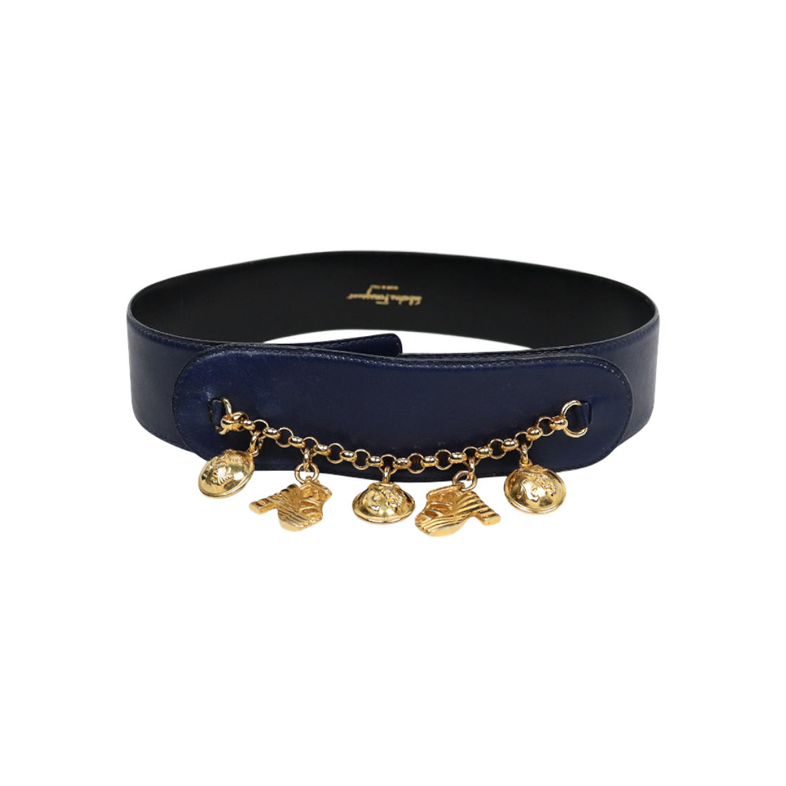 ITNUKPOFEP9G Ferragamo Navy Gold Chain Pendant Belt