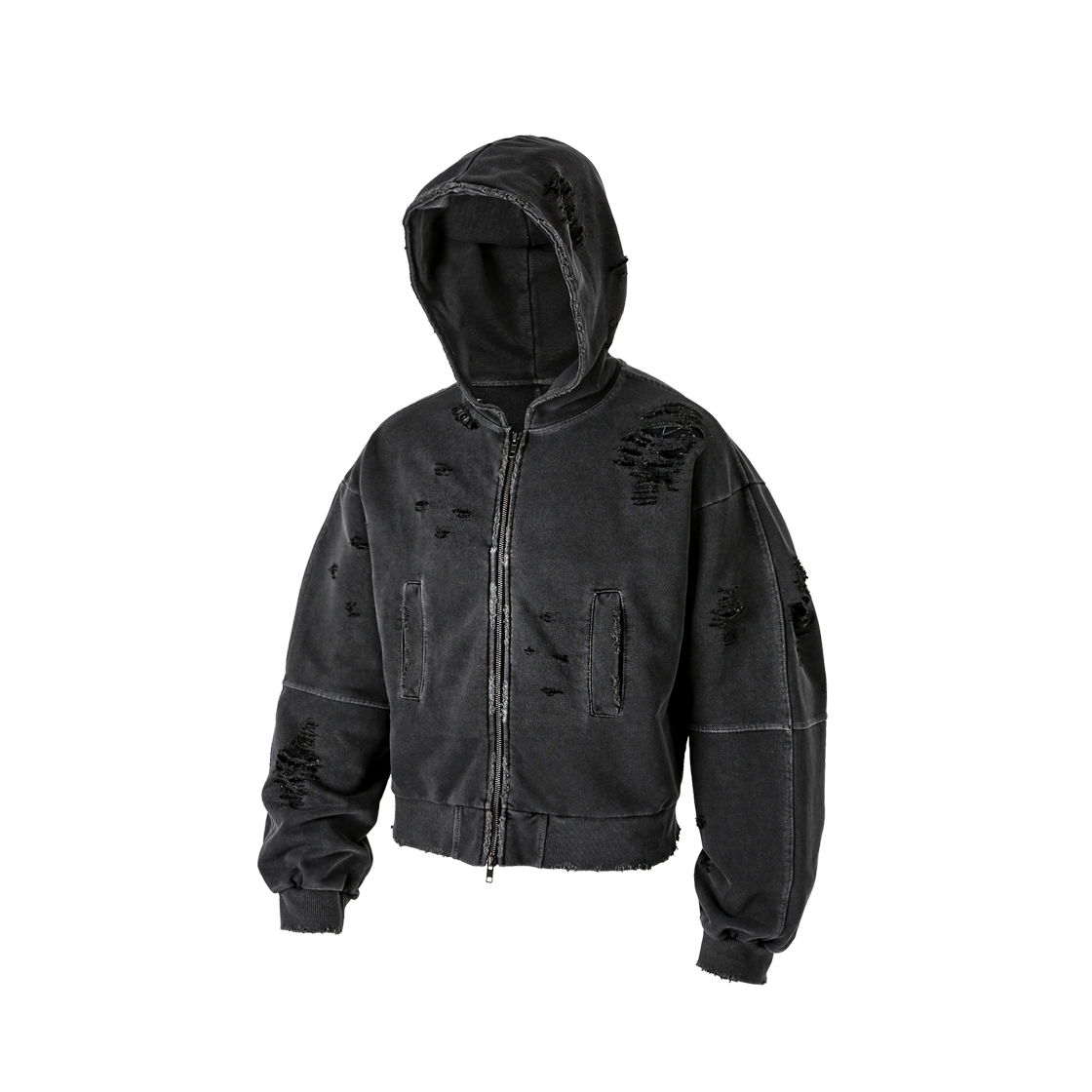 RR6FLT03BK ROARINGRAD Distressed Cropped Hooded Zip Up Black