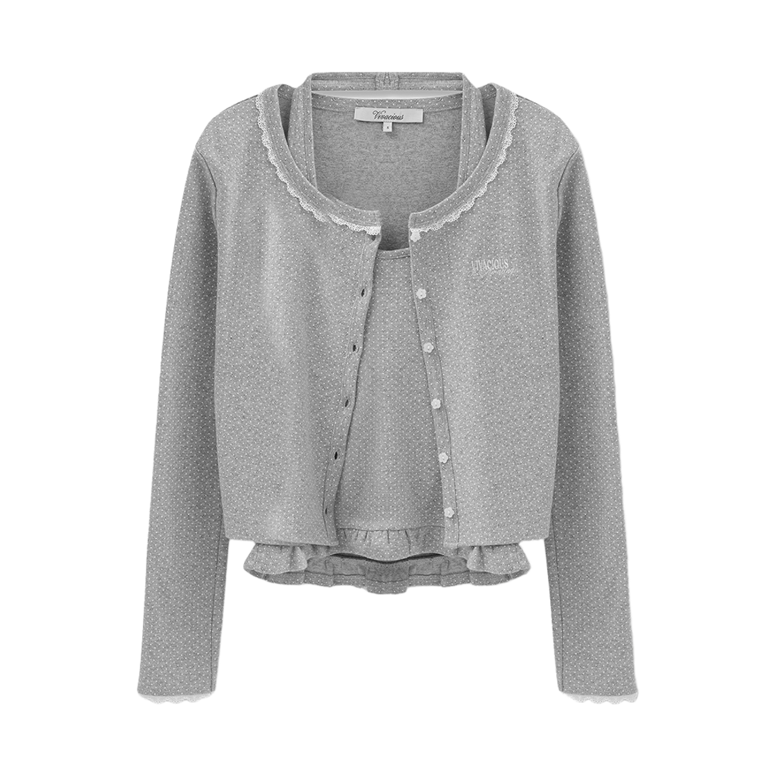 VV61SE04GR VIVACIOUS Rosaline Dot Frill Halter Cardigan Set GREY