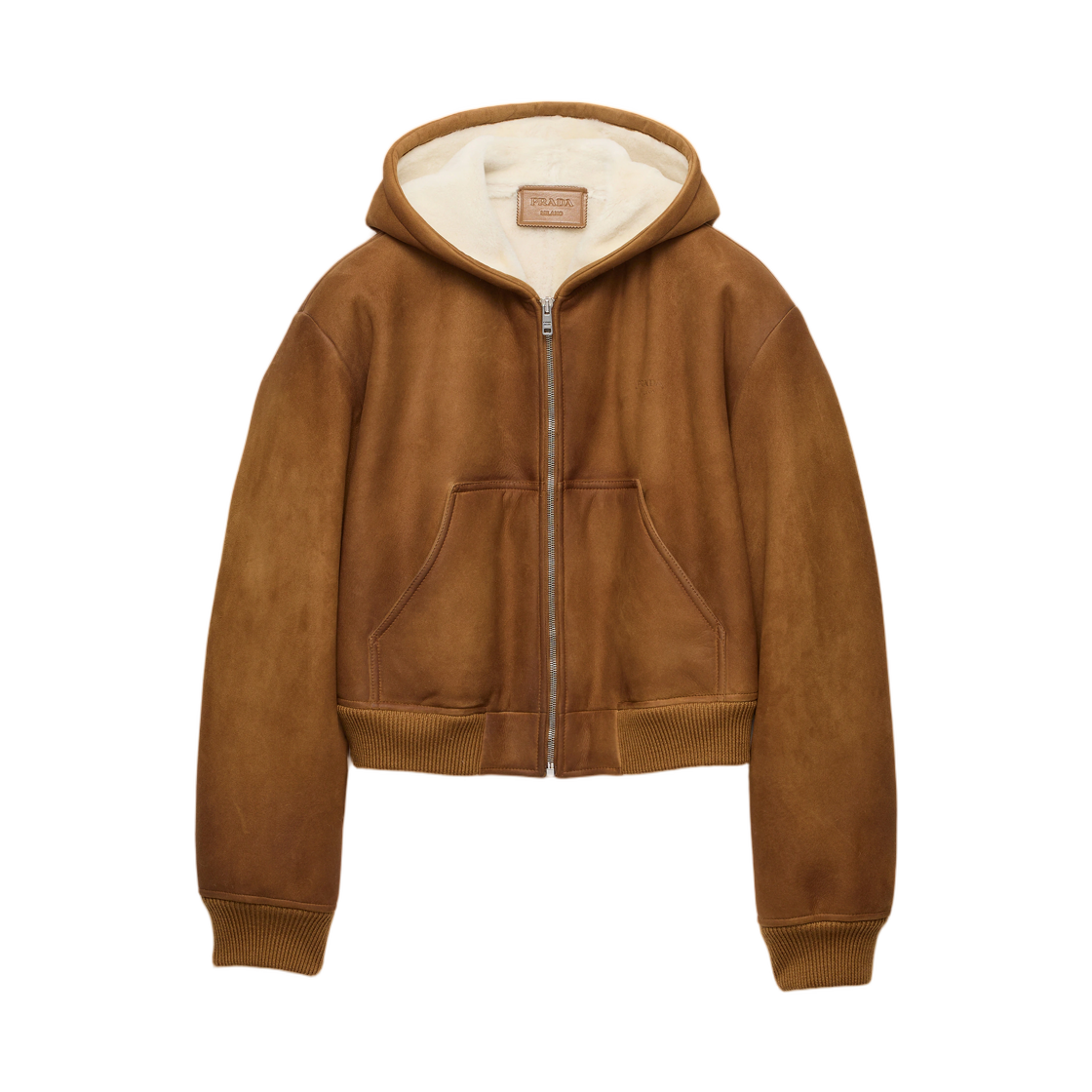 58A302-6157-F033A (W) Prada Hooded Shearling Jacket Tobacco Beige