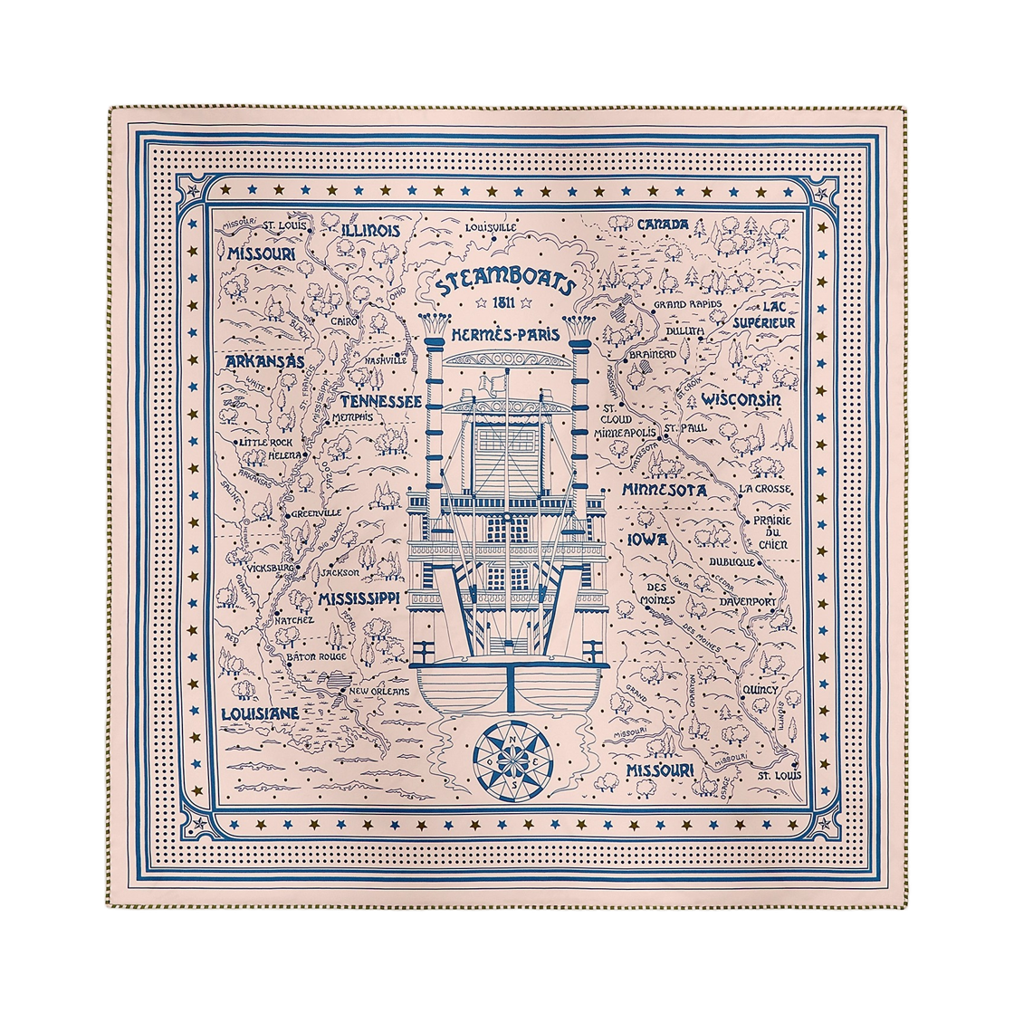 H043708S07 (W) Hermes Steamboats Bandana 55 Silk Twill & Rose Nacre Bleu Kaki